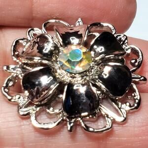 Vtg Silver Tone Rhinestone Flower Pin Brooch Aurora Borealis Center 1" Unsigned
